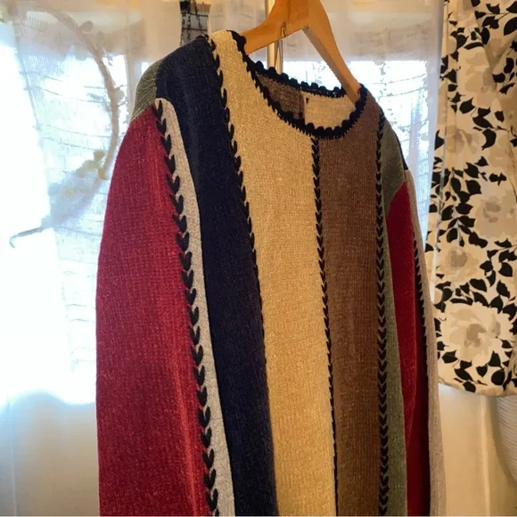 90’s Patchwork Colorblock Vintage Soft Chenille Knit Sweater Size Large - Picture 4 of 17